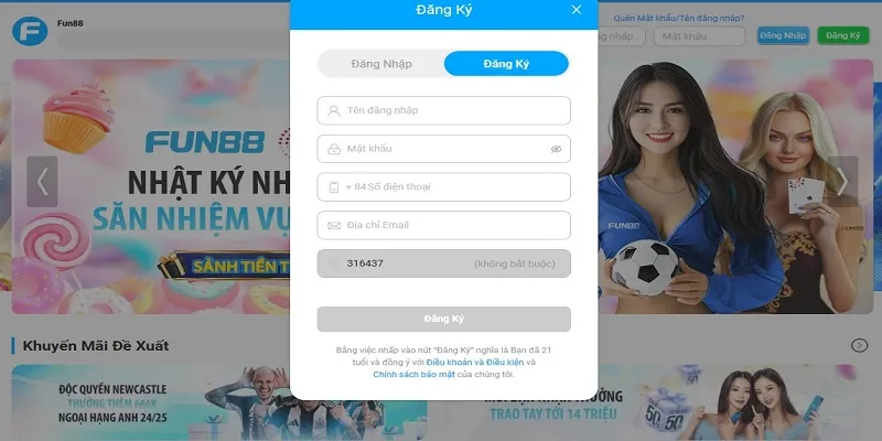 Mẫu đăng ký chơi cá cược tại Fun88